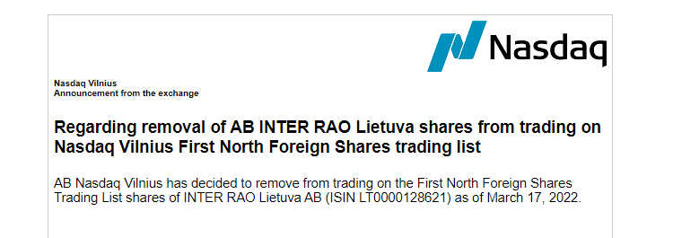 Inter, RAO, Lietuva, zawieszenie